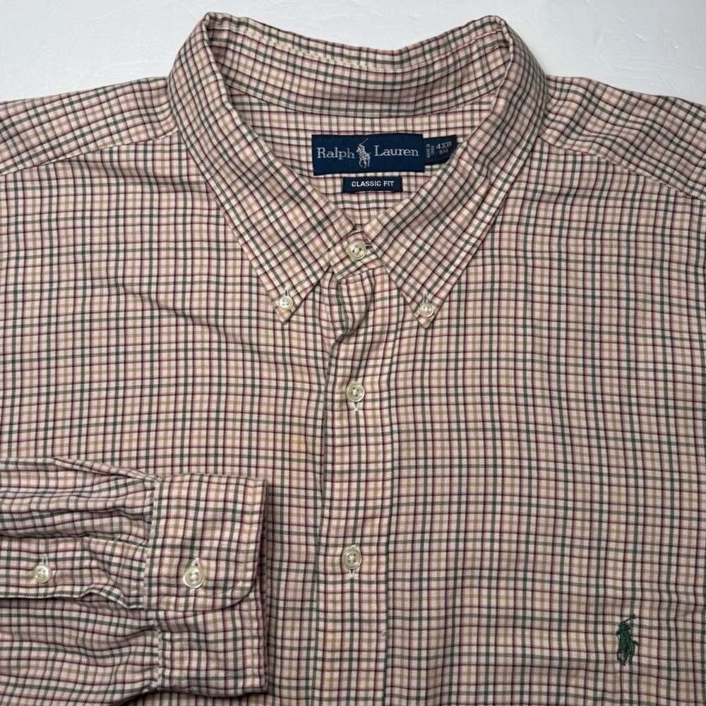 Vintage Polo Ralph Lauren Shirt Men 4XB Biege Pink Plaid Classic Fit Cotton Big